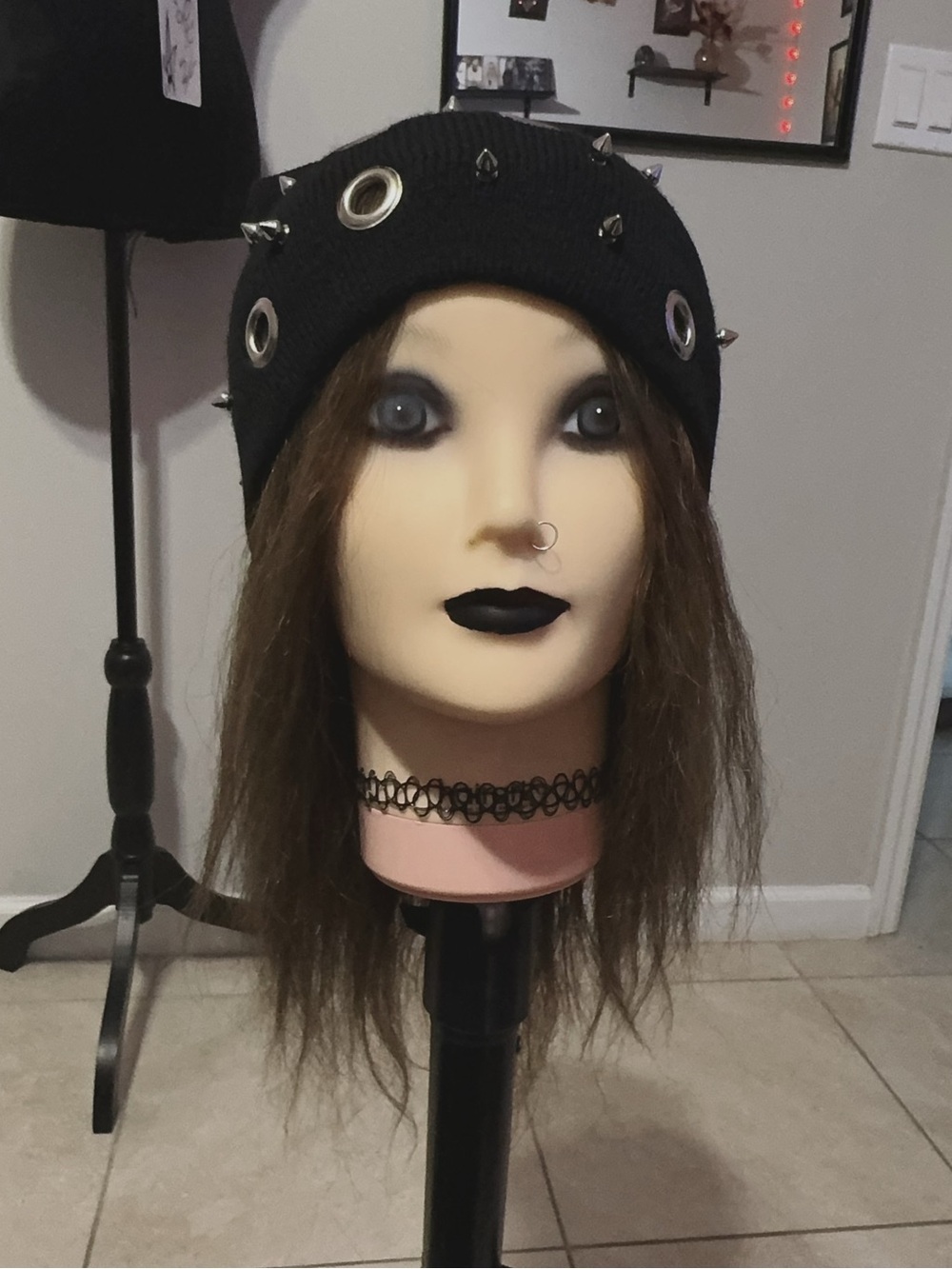 Black Knit Beanie with Silver Grommets & Spike Studs